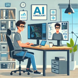 Consultor en inteligencia artificial trabajando como autónomo desde casa en estilo animado