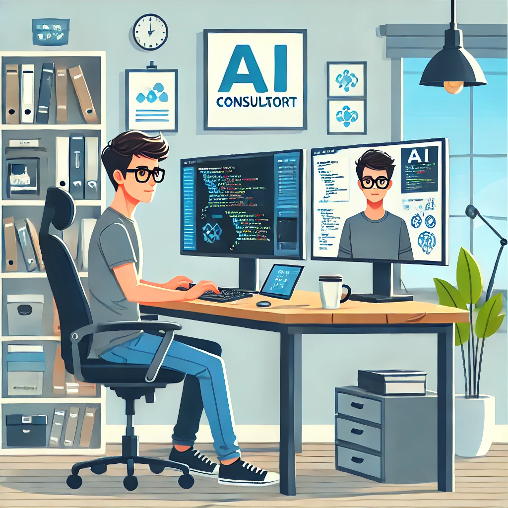 Consultor en inteligencia artificial trabajando como autónomo desde casa en estilo animado