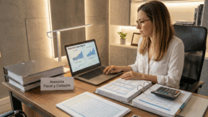 Asesora Fiscal y Contable mirando informes para vender en Amazon