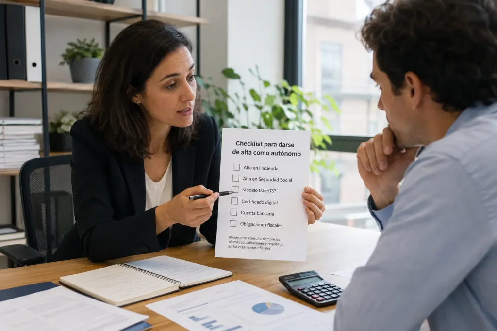 Asesora enseñando un checklist al hombre para darse de alta como autónomo en España Asesoría Fiscália