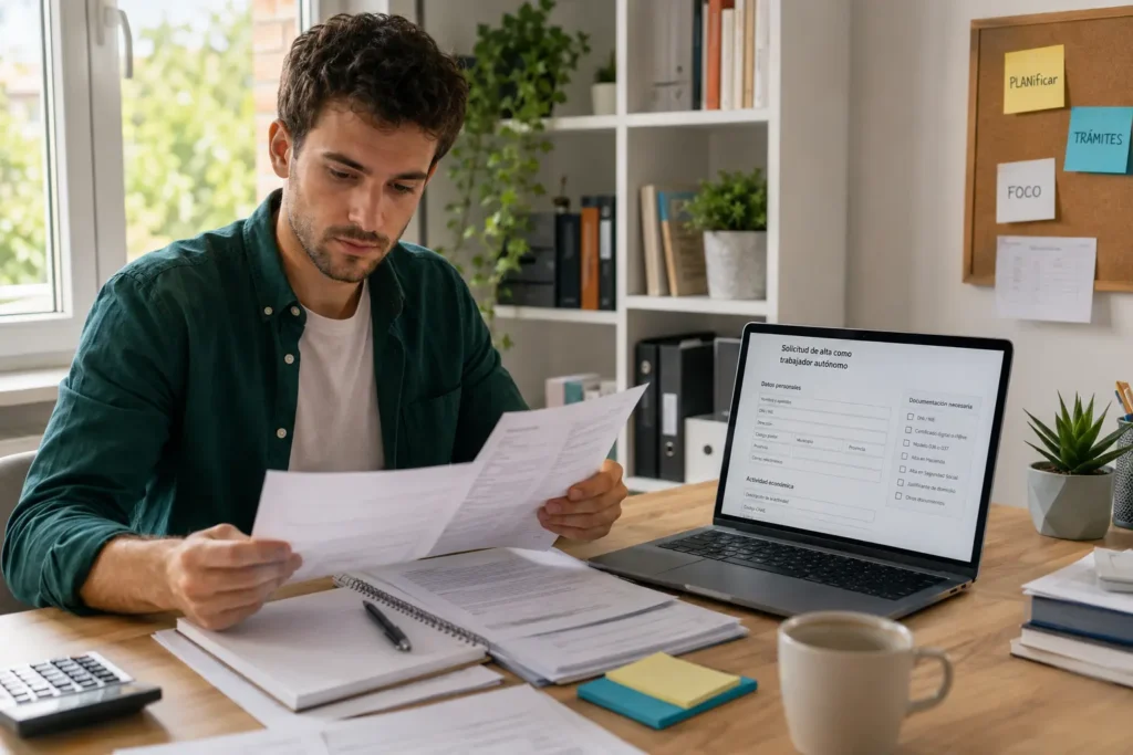 Hombre mirando portatil para darse de alta como autónomo en España Asesoría Fiscália