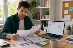 Hombre mirando portatil para darse de alta como autónomo en España Asesoría Fiscália